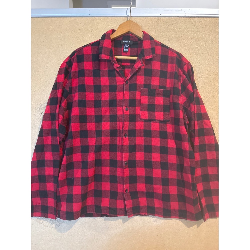 Forever 21 Red Black Buffalo Plaid Flannel Button Down Shirt Large Mens Unisex